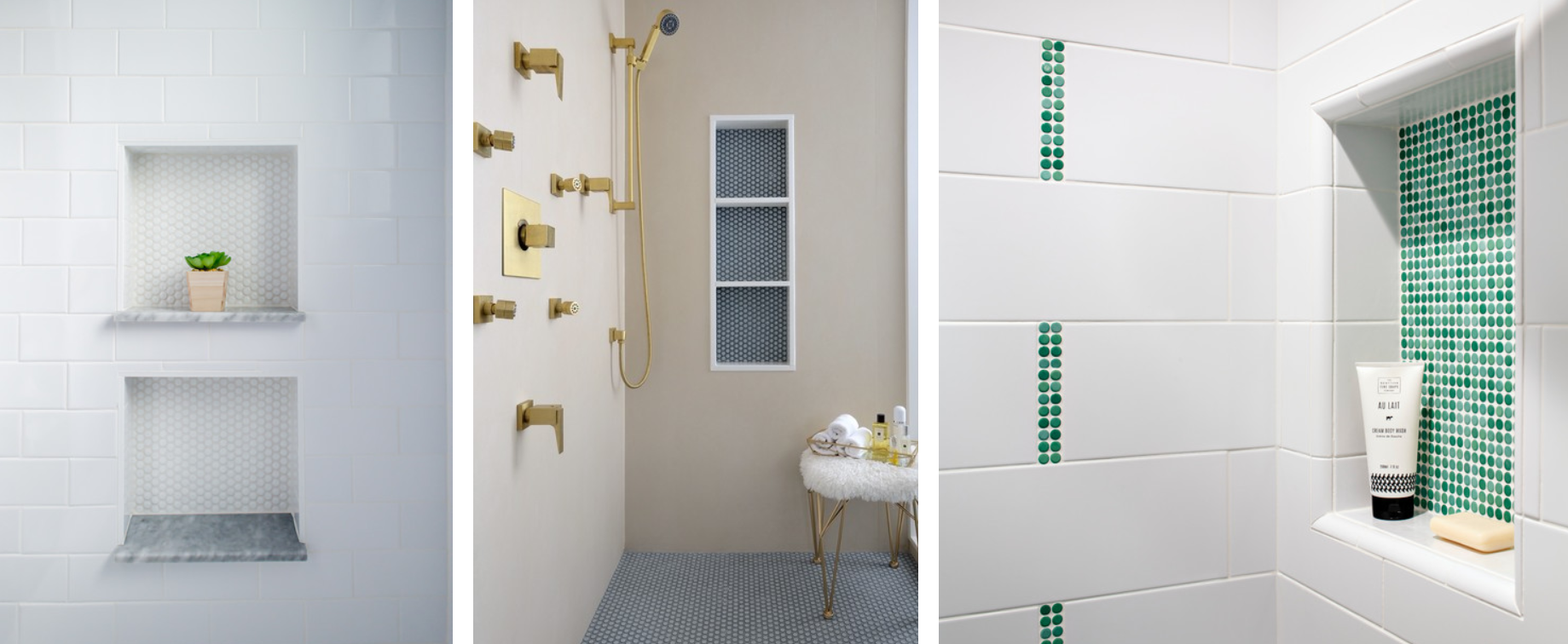 Shower with White Penny Tiles and White Grout - Transitional - Bathroom
